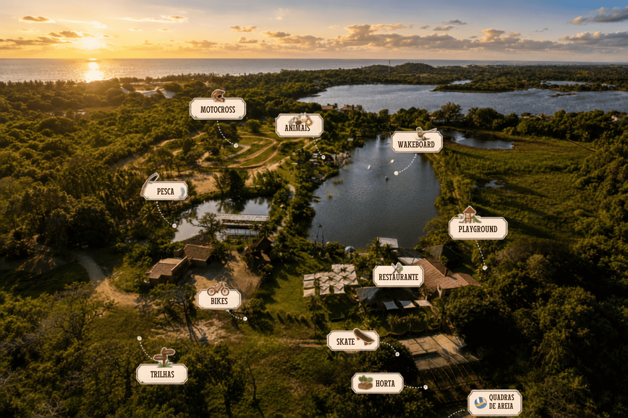 Mapa do parque Mapa da Fazendinha Adventure Park: atrações, restaurante, trilhas e quadras de areia